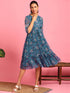Blue Poly Georgette Floral Flared Western Dress